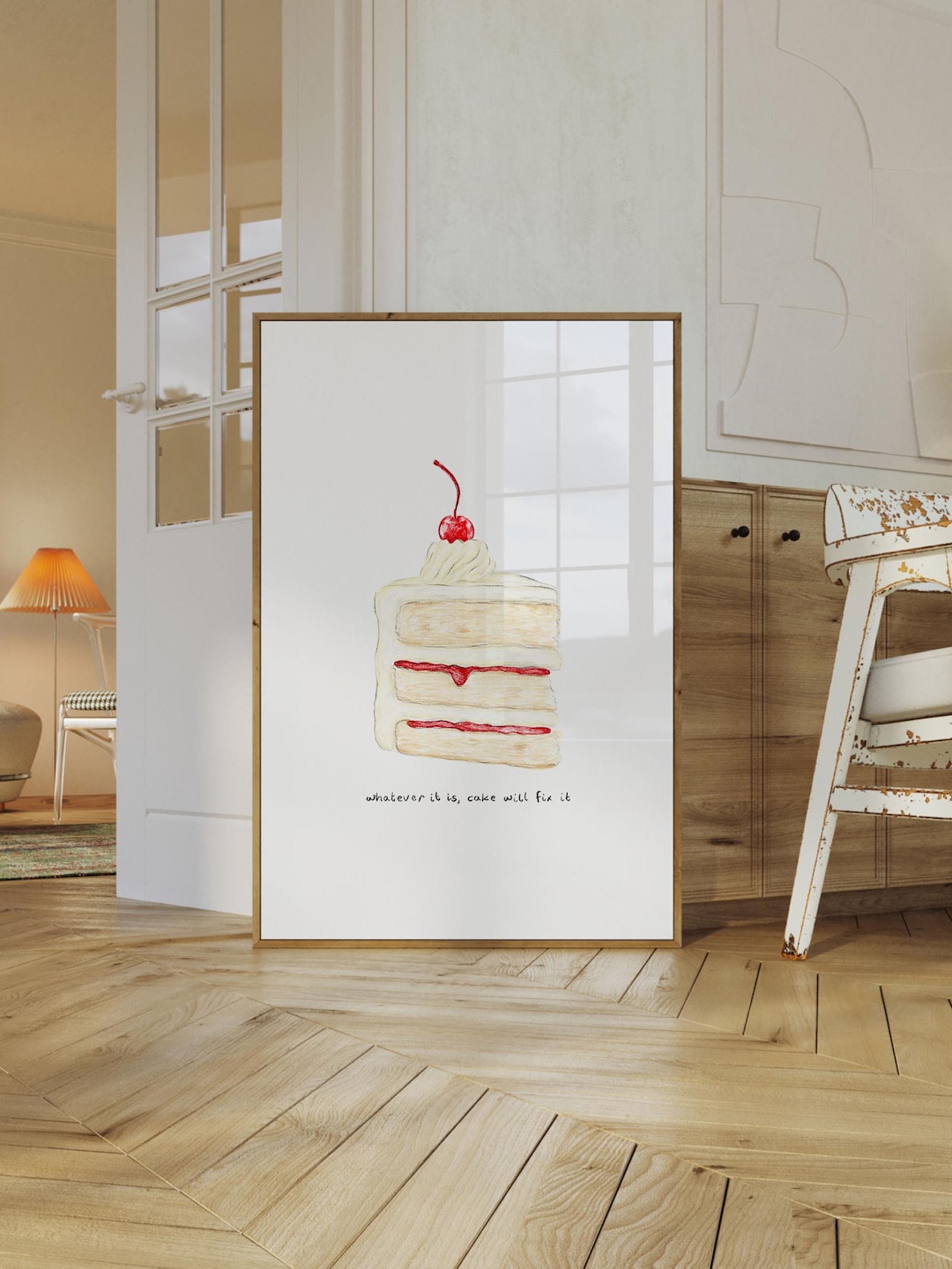 Cake Slice With Cherry Art Print | Kitchen Wall Art, Bakery Decor, Gift ...