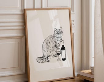 Tabby Cat Wall Art | Cat Drawing, Cat Print, Cats and Wine