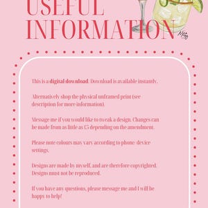 May include: Pink background with white text outlining important information about a digital download. The text includes details about the download, customisation options, and copyright information. The image also features two illustrations of cocktails, one with a red liquid and the other with a yellow liquid.