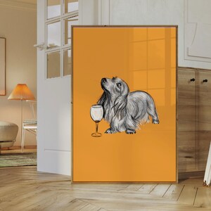 May include: A digital illustration of a dachshund dog holding a glass of wine on a yellow background.