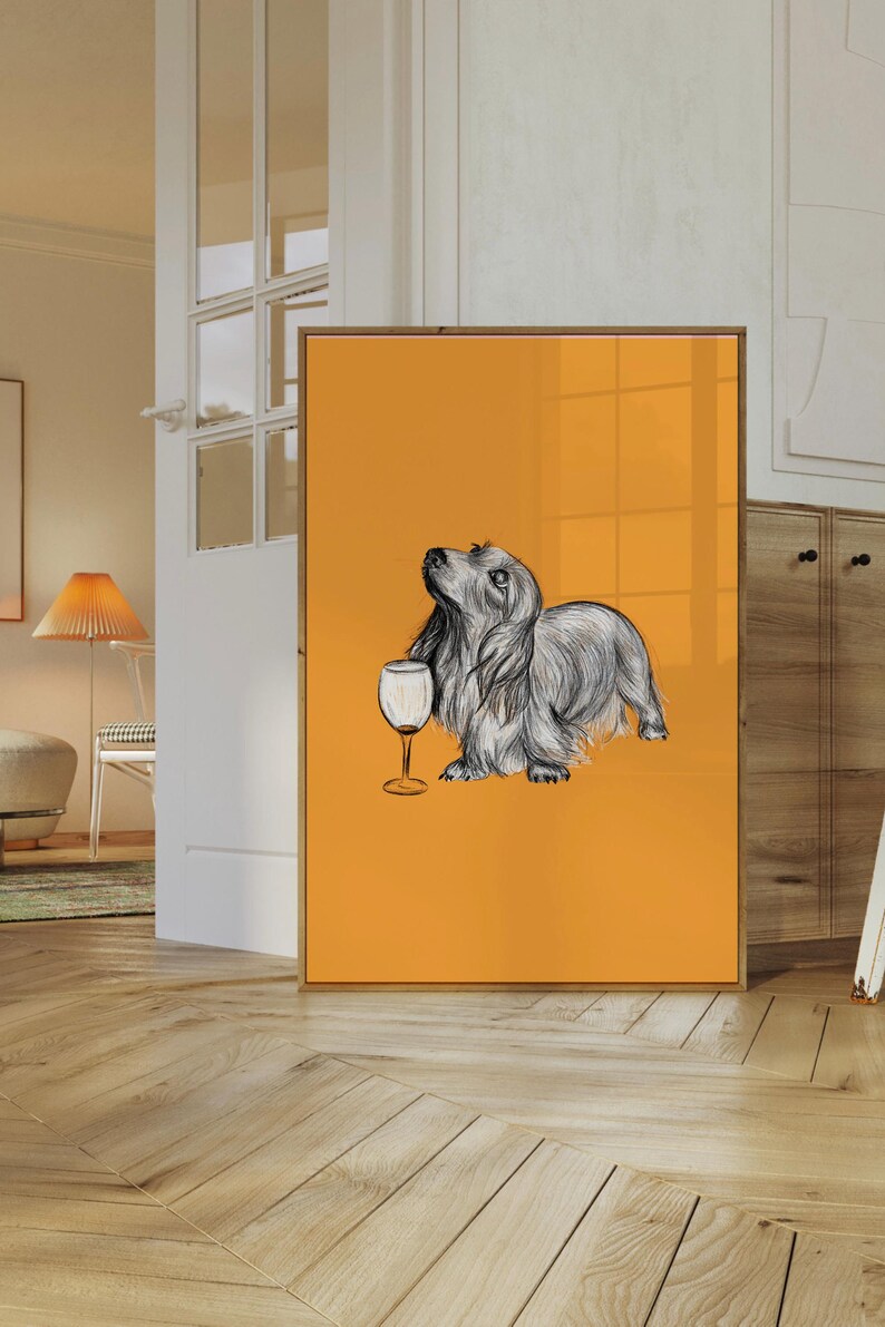 May include: A digital illustration of a dachshund dog holding a glass of wine on a yellow background.