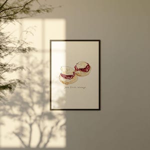 Scones with Jam and Cream Art Print - Jam First Always | Minimalist Kitchen Wall Art, Cafe Decor, Gift for Bakers and Tea Lovers