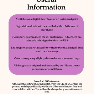 May include: A graphic with the text "Useful Information" and details about digital downloads, print options, and US customer notes. The text is on a purple background with a light beige backdrop.