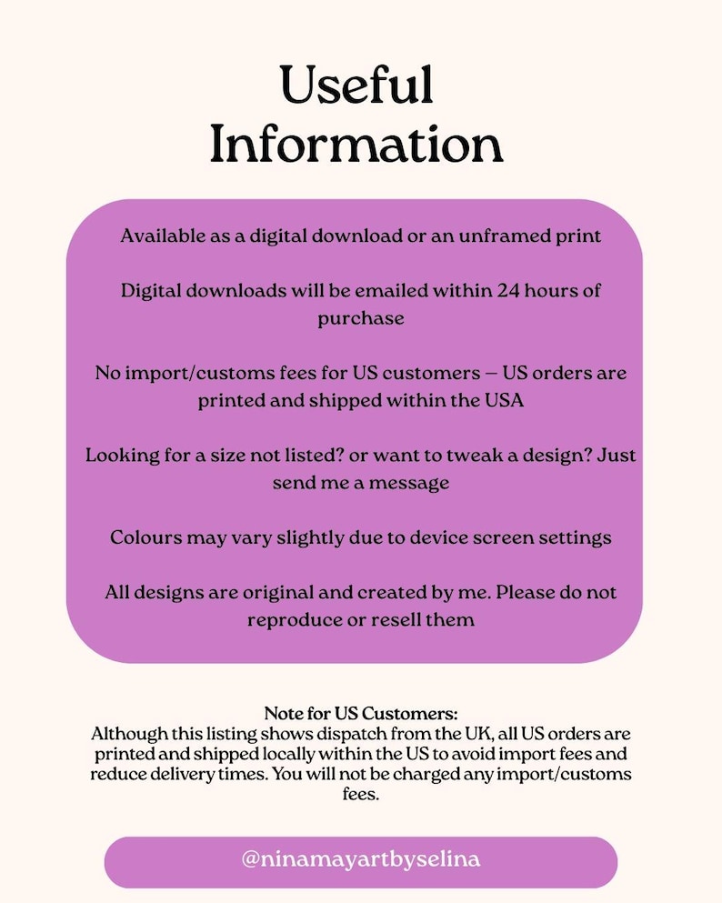 May include: A graphic with the text "Useful Information" and details about digital downloads, print options, and US customer notes. The text is on a purple background with a light beige backdrop.
