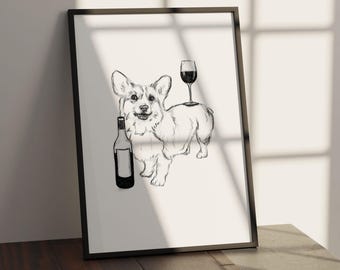 Corgi kunst aan de muur, Corgi tekening, hondenliefhebbers cadeau, Corgi muur print, Corgi poster, Corgi en wijn, Corgi drinkt wijn, aanpasbare kleur