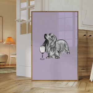May include: A black and white illustration of a dachshund dog looking up at a wine glass on a light purple background.