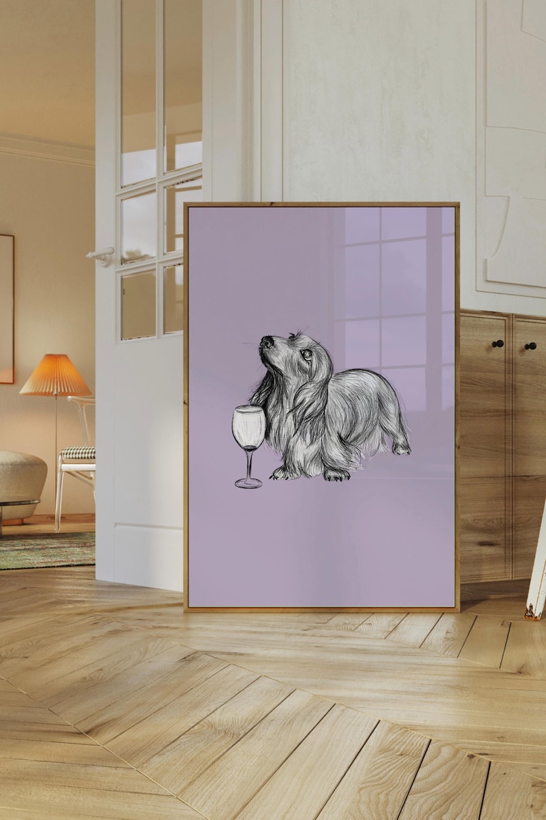 May include: A black and white illustration of a dachshund dog looking up at a wine glass on a light purple background.