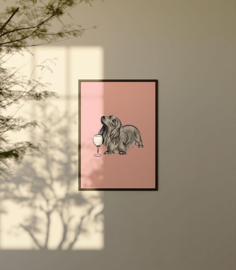 May include: A black and white illustration of a dachshund dog holding a glass of wine on a pink background.