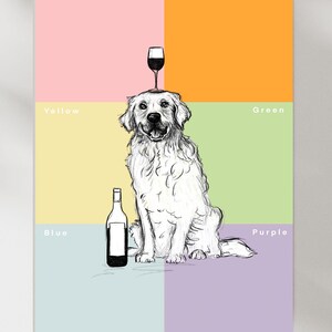 Puede incluir: Un perro blanco con una copa de vino en la cabeza se sienta en el centro de una cuadr&iacute;cula de cuadrados de colores. Los cuadrados son rosa, naranja, amarillo, verde, azul y morado. El perro est&aacute; mirando a la c&aacute;mara. Hay una botella de vino a la izquierda del perro.