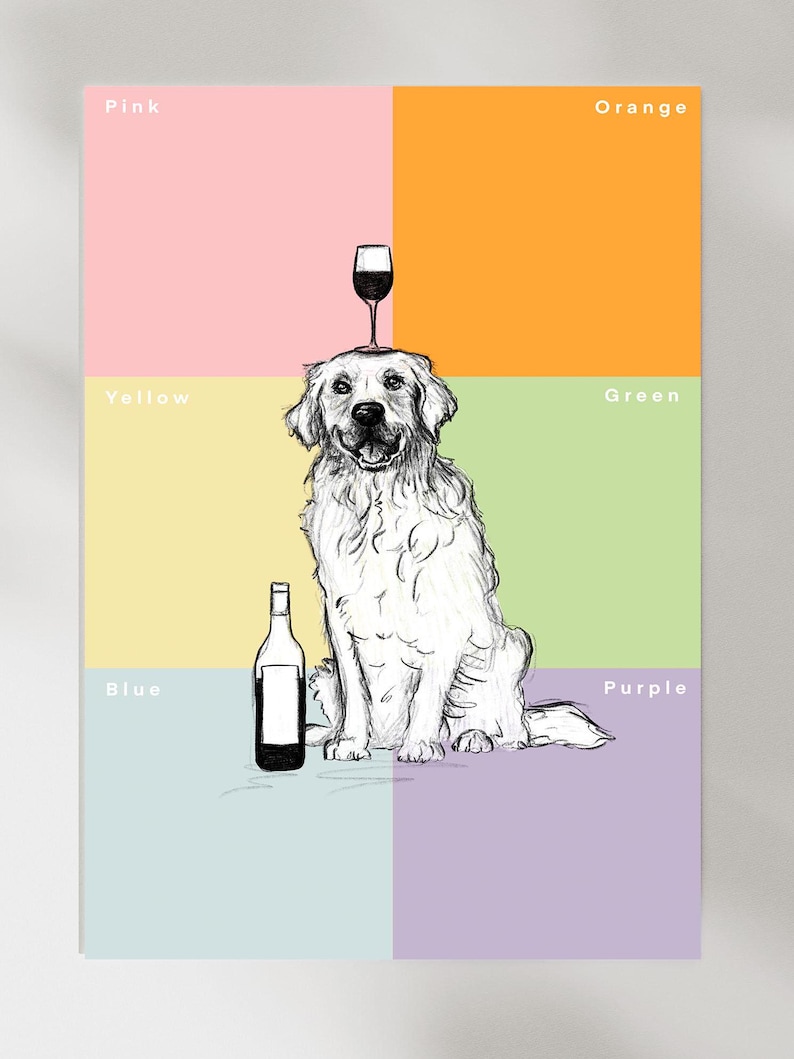 Puede incluir: Un perro blanco con una copa de vino en la cabeza se sienta en el centro de una cuadr&iacute;cula de cuadrados de colores. Los cuadrados son rosa, naranja, amarillo, verde, azul y morado. El perro est&aacute; mirando a la c&aacute;mara. Hay una botella de vino a la izquierda del perro.