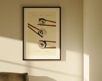 Lámina artística de sushi y palillos: ¡Que la buena onda fluya! Arte mural para cocina, decoración de comedor, regalo para amantes de la comida y el sushi.