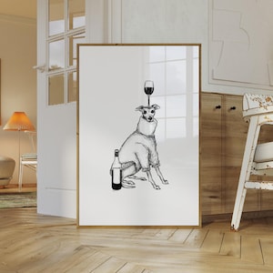 Whippet Wall Art, Whippet Drawing, Dog Lovers Gift, Whippet Wall Print, Whippet Poster, Whippet and Wine, Dog Poster, Customisable Colour