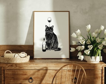 Black Cat Wall Art | Black Cat Drawing, Black Cat Print, Wine