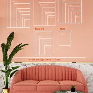 May include: A diagram showing different aspect ratios for images and prints, including 2:3, 3:4, 4:5, and 11x14. The diagram also includes standard ISO paper sizes, such as A1, A2, A3, A4, and A5. The diagram is displayed on a peach-colored wall with a standard sofa in front of it.