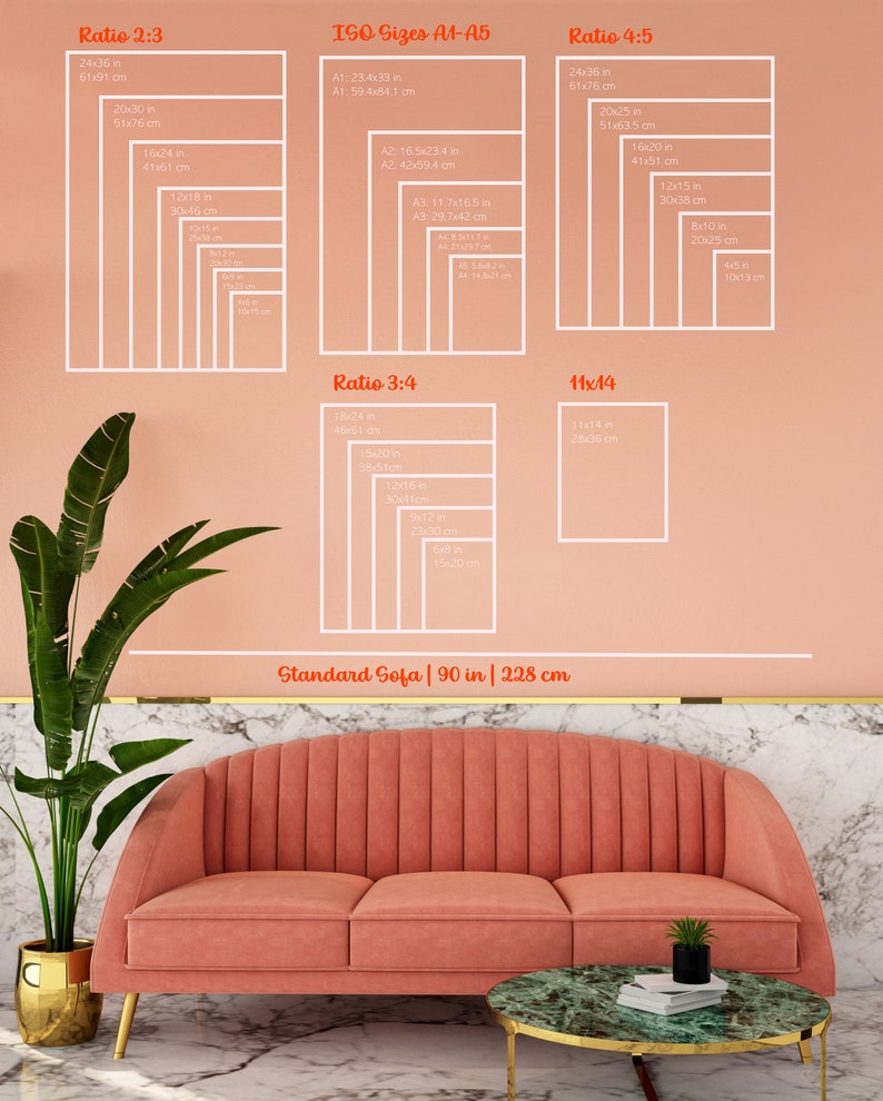May include: A diagram showing different aspect ratios for images and prints, including 2:3, 3:4, 4:5, and 11x14. The diagram also includes standard ISO paper sizes, such as A1, A2, A3, A4, and A5. The diagram is displayed on a peach-colored wall with a standard sofa in front of it.