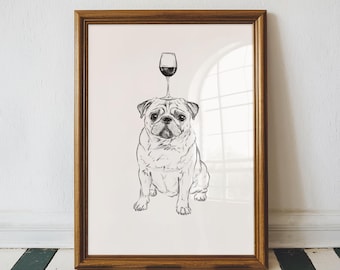 Lámina de Pug y Vino: Arte de pared para amantes de los perros (color personalizable)