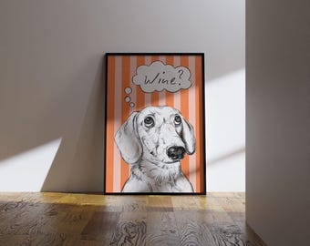 Arte de pared de perro salchicha / Póster de vino / Dibujo de perro salchicha, regalo para amantes de los perros, Perros y vino, Póster de persona con perro, Color personalizable