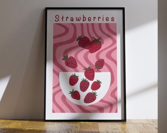 Arte de pared de fresa, arte de fresas en un tazón, impresión de pared de fresa, impresión de arte de fresas, arte de pared de alimentos, arte de cocina, arte de pared digital