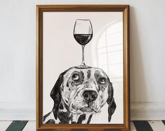 May include: A framed black and white illustration of a Dalmatian dog with a wine glass balanced on its head. The wine glass is filled with red wine. The frame is a warm brown color.