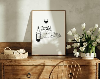 Cat Wall Print | Cat Drawing, Cat’s and Wine