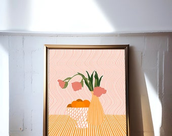 Pink flower art, colourful flower art, bright flower art, wall print, orange wall art, vibrant flower art, digital download