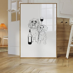 May include: A black and white line drawing of two dogs with a bottle of wine and a glass of wine on a white background.
