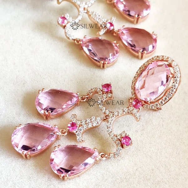 Lab Morganite Chandelier Earrings, Rose Gold Plated 925 Sterling Silver, Exquisite Designer Pink Gemstone Dangle Earrings