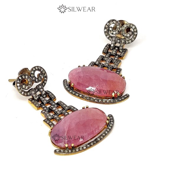 Pink Sapphire and Natural Diamond Dnagle Earrings, Vintage Art Deco Style Victorian Earrings in Sterling Silver