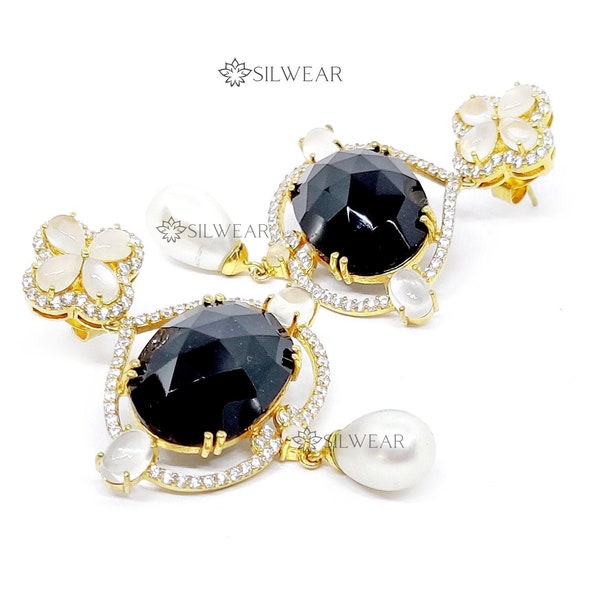 Gemstone Dangle Drop Earrings, Black Onyx, White Moonstone, Freshwater Pearl, Cubic Zirconia, Gold Plated Sterling Silver Designer Earrings