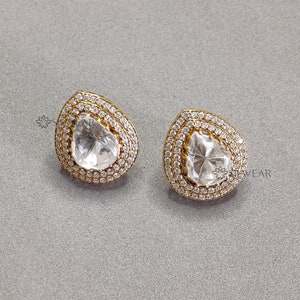Pendientes de botón de imitación de polki, pendientes de plata de ley chapados en oro de estilo antiguo indio, pendientes de boda indios