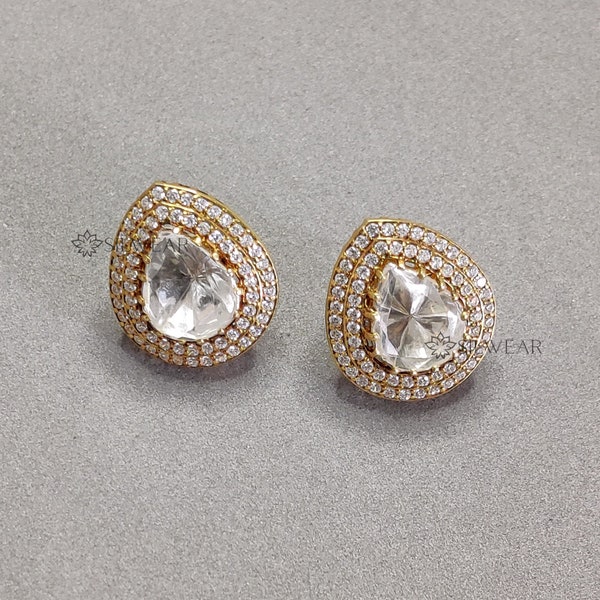 Kundan Polki Stud Earrings in CZ, Indian Antique Style Gold Plated Sterling Silver Jewellery, Royal Designer earrings