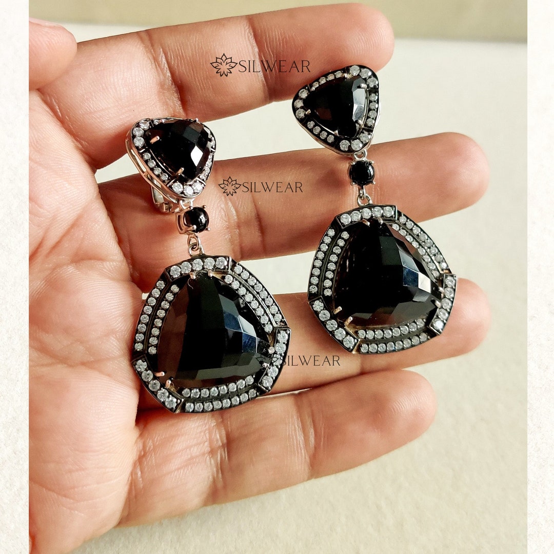 Black Onyx Chandelier Earrings With Cubic Zirconia, Oxidized Vintage