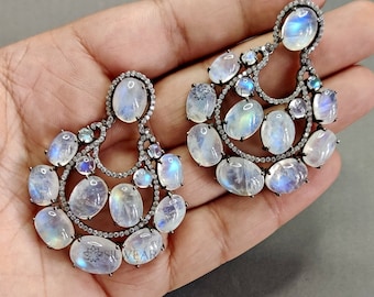 White Rainbow Moonstone Chandelier Earrings: Sterling Silver CZ Dangle