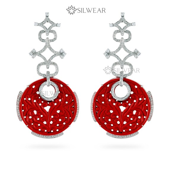 Carved Red Coral Chandelier Earrings With CZ Diamonds Designer