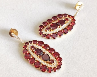 Garnet Dangle Earrings Moissanite Accents Yellow Gold Plated Sterling Silver Statement Earrings Gemstone Cluster Dangle Earrings for Wedding