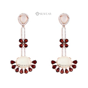 Rose Gold Plated Sterling Silver Moonstone Garnet Chandelier Earrings