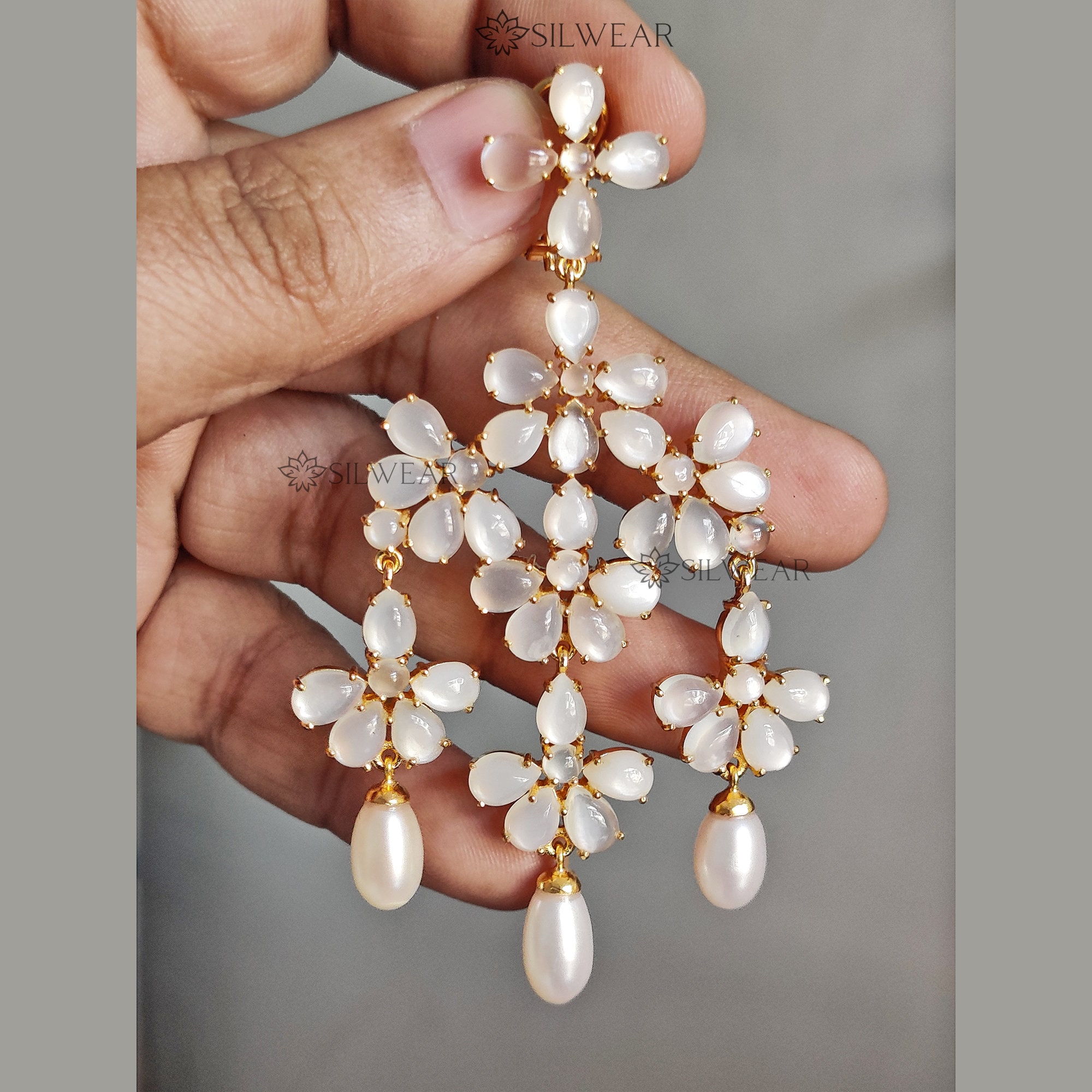 Gold Plated Sterling Silver Moonstone Chandelier Earrings with Pearl Drops