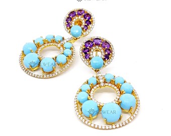 Amethyst Turquoise Dangle Earrings: Gold Plated Sterling Silver CZ