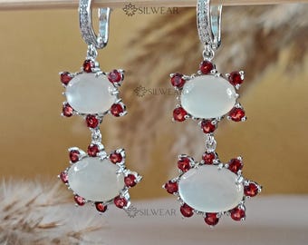Sterling Silver Moonstone Garnet Dangle Earrings with Moissanite