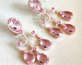 Rose Gold Plated Morganite Chandelier Earrings: Sterling Silver Pink Dangle Earrings