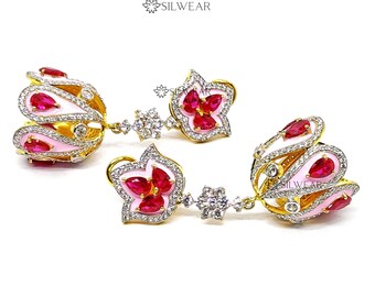 Gold Plated Silver Jhumka Earrings: Lab Ruby, Pink Enamel, CZ Diamonds