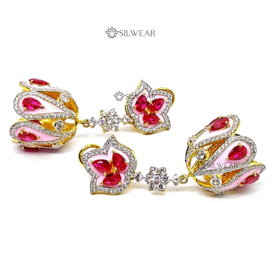 Lab Ruby Jhumka Earrings in Pink Enamel Meena, Gold Plated 925 Sterling  Silver Indian Wedding Jewellery in CZ Diamonds