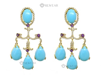 Lab Turquoise Chandelier Earrings with Amethyst and Cubic Zirconia, Gold Plated 925 Sterling Silver Designer Gemstone Jewellery
