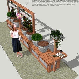 May include: A wooden bench with a trellis and multiple potted plants. The bench is designed to support vines directly, function as a potted plant rail, an irrigation or wire framework, a tie for tomato cages, or a decorative cornice.