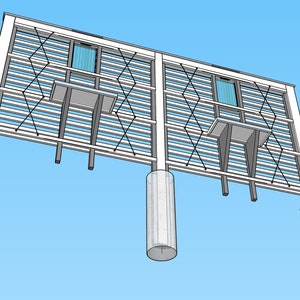 Op de afbeelding: Een witte metalen structuur met een rasterpatroon en twee ramen. De structuur wordt ondersteund door vier cilindrische kolommen.