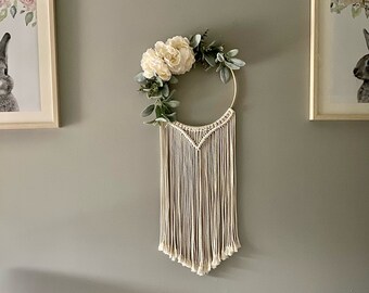 Floral macrame wall hanging, nursery decor, bow holder, boho home decor, peony and lambs ear, white or natural cord