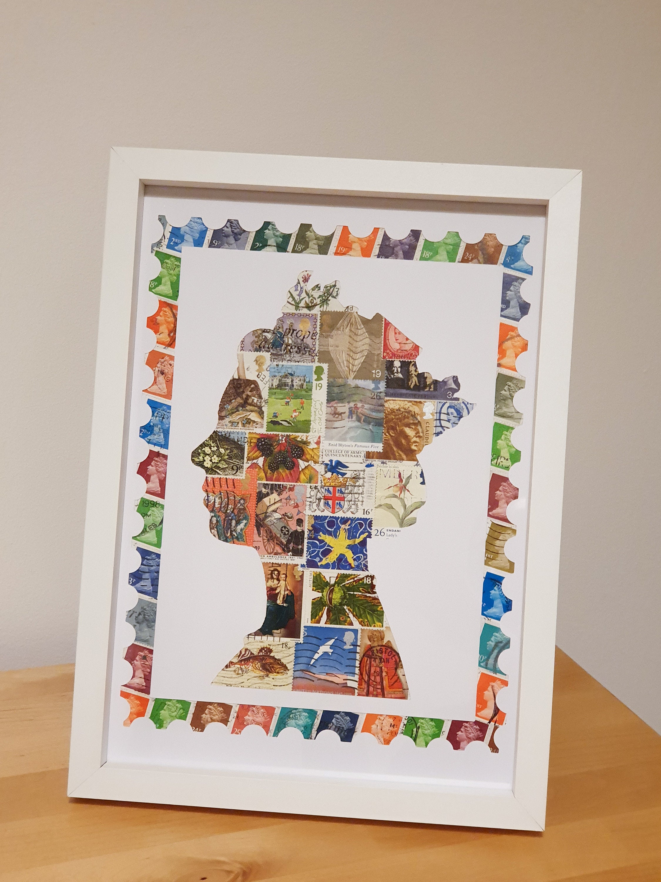 Handmade Queen UK Postage Stamp Art Queen Head Stamp Queen Stamp Picture Queen Stamp Art Work