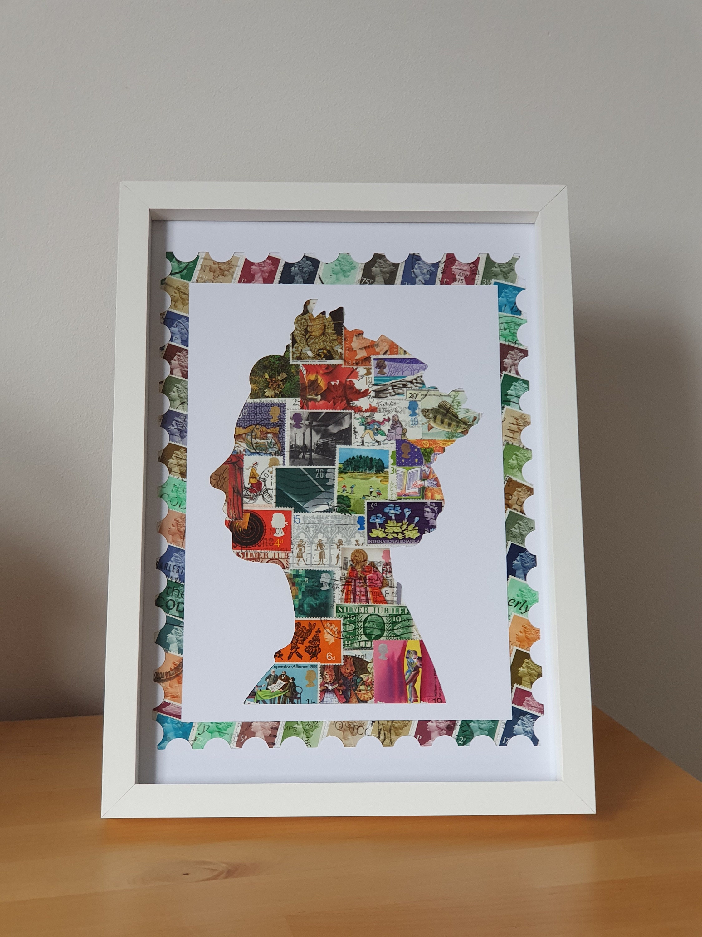 Handmade Queen UK Postage Stamp Art Queen Head Stamp Queen Stamp Picture Queen Stamp Art Work