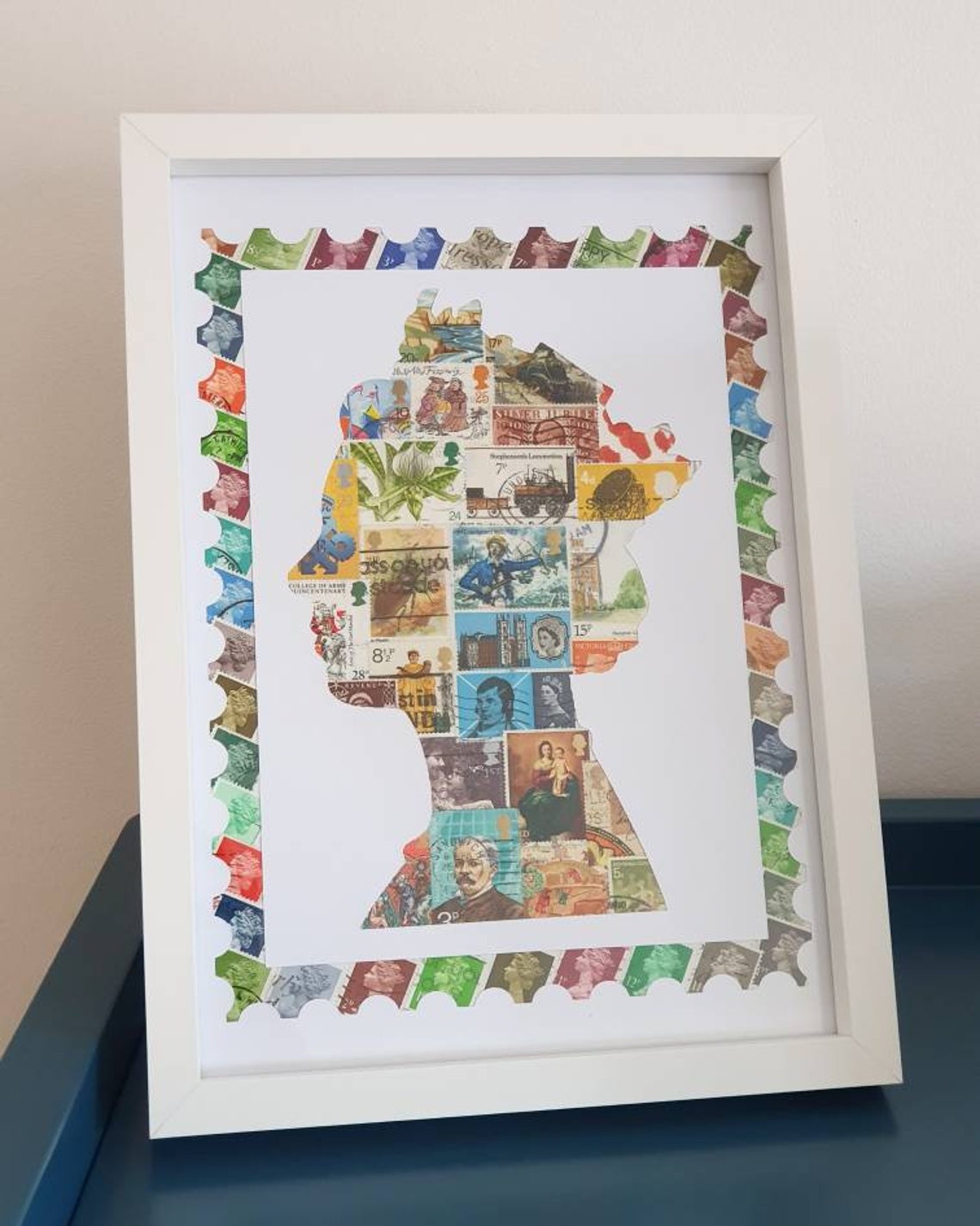 Handmade Queen UK Postage Stamp Art Queen Head Stamp Queen Stamp Picture Queen Stamp Art Work