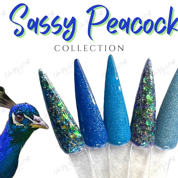 SASSY PEACOCK COLLECTION- blue dip powder collection, peacock dip powder, nail dip, nail dip powder, dip powder nails, nail dip, dip powder